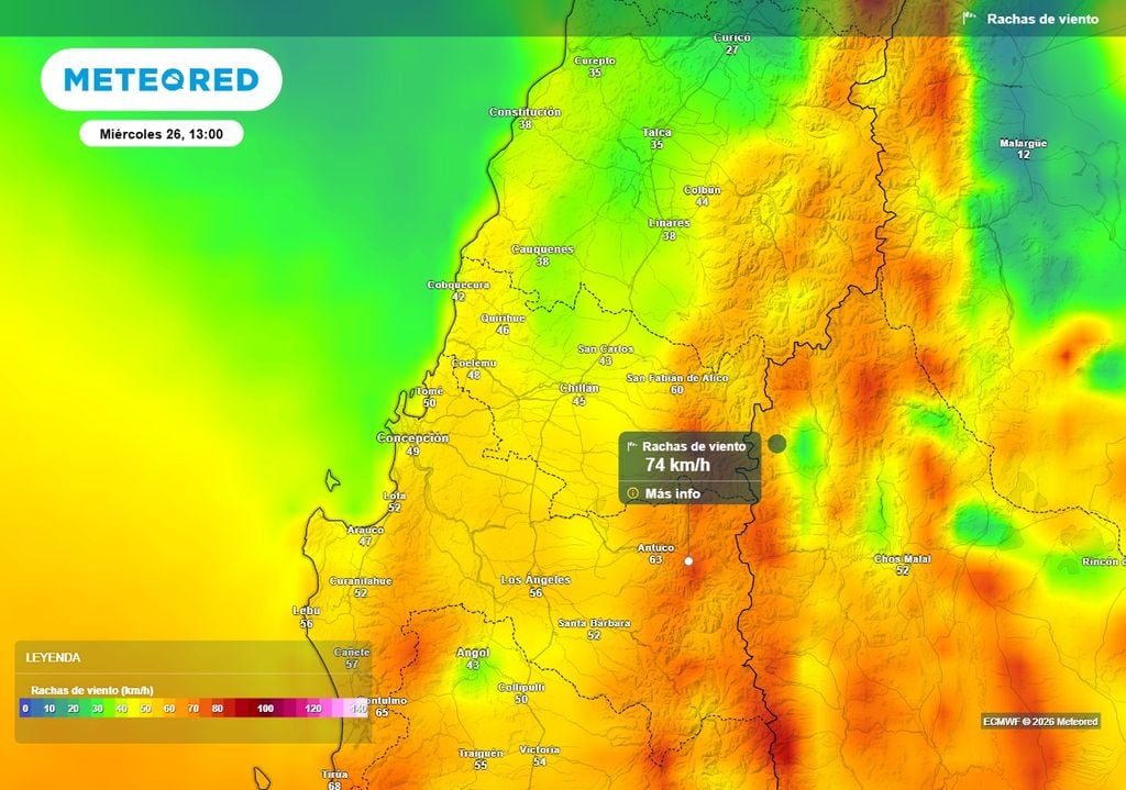 Rachas de viento sobre los 70 km/h se podrían registrar durante la jornada del miércoles en la región del Biobío.
