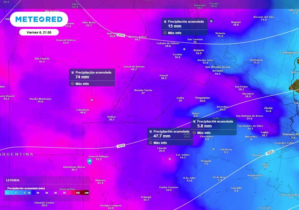 Precipitación acumulada En el mapa de precipitación acumulada en la Zona Núcleo hasta la noche del viernes 6 de marzo, se ve claramente la diferencia entre la zona más favorecida por las lluvias (oeste) y la menos beneficiada (este de la zona) en la