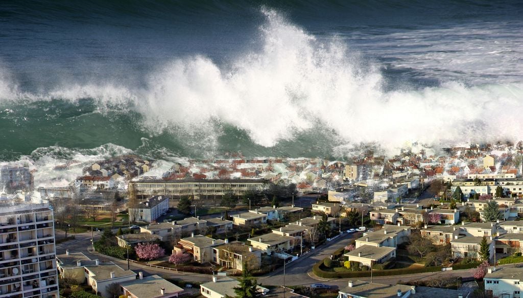 Quando um troço bloqueado de uma falha de subducção desliza repentinamente, o fundo do mar pode ser sacudido para cima e pode ocorrer um tsunami.