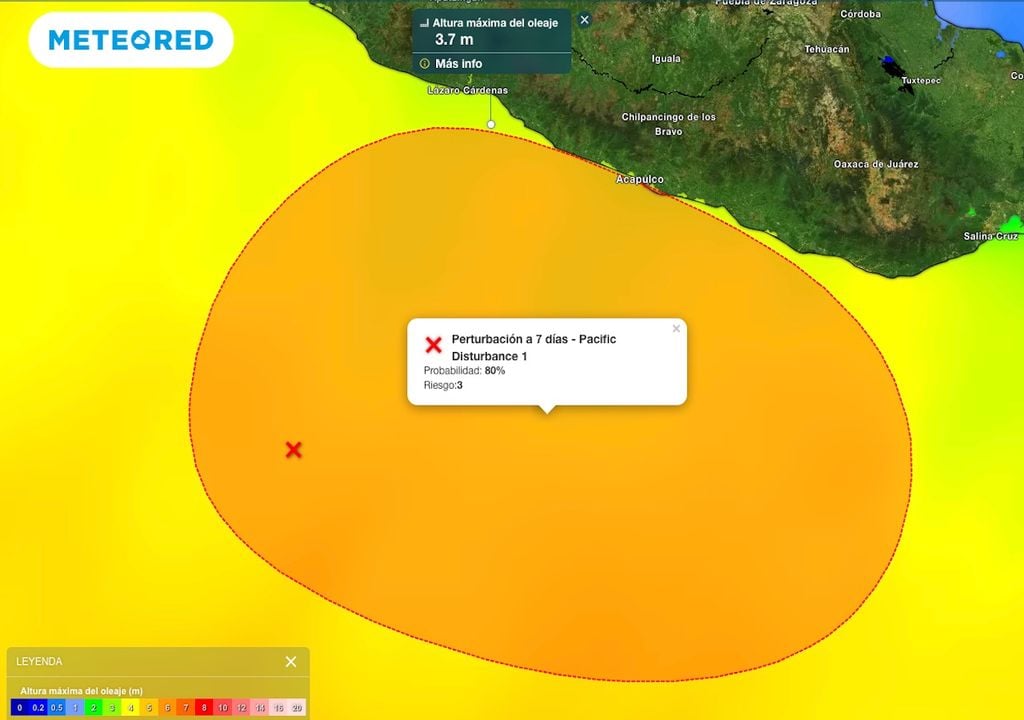 Zona de inestabilidad con probabilidad el 80 % para ser ciclón tropical, favorece olas de hasta 4 metros de altura en la costa de Suroeste de México.