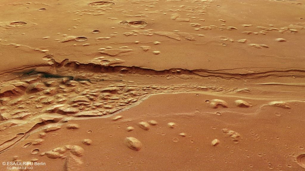 Vista desde arriba: Shalbatana Vallis en Marte. ESA