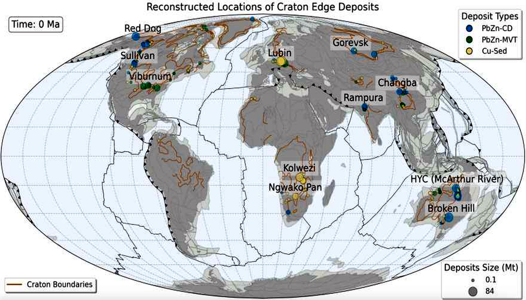 Reconstrucción de la ubicación de los depósitos del borde del cratón mediante modelos tectónicos avanzados que se remontan a 1.800 millones de años. Crédito: EarthByte Group/Universidad de Sídney.