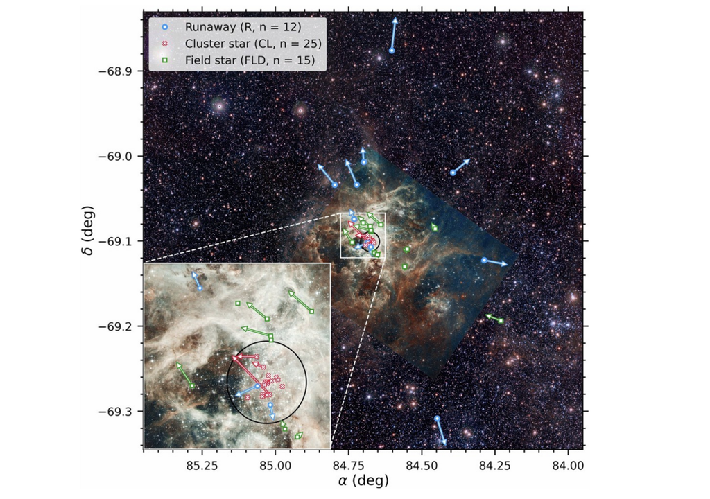 Verteilung der hellsten Sterne am Himmel in R136 und 30 Doradus Verteilung der hellsten Sterne am Himmel in R136 und 30 Doradus