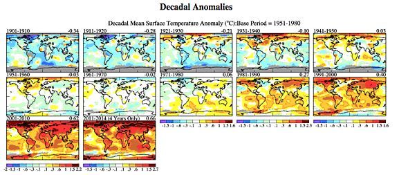 Anomalías de la temperatura superficial globales por década tierra/océano. Cortesía NASA GISS.