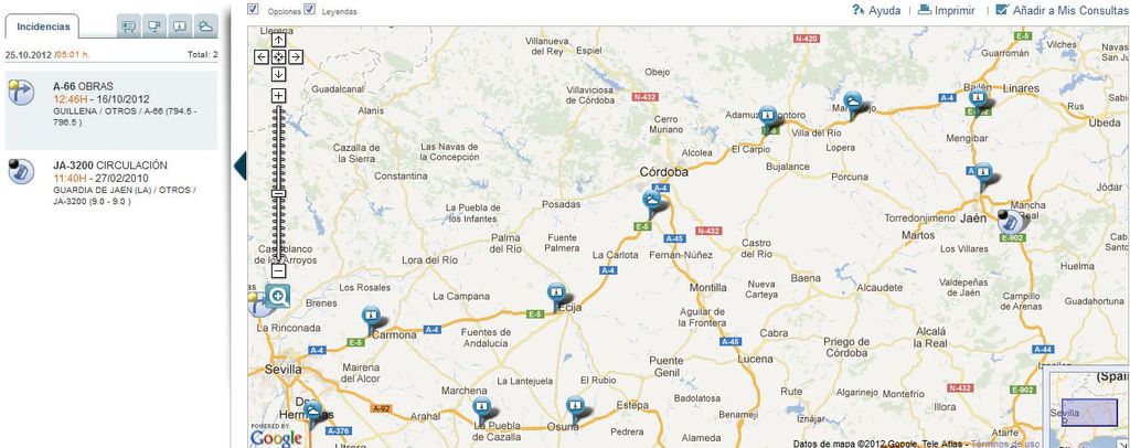 Figura 2. Captura de pantalla aludida pero para la zona de Córdoba Figura 2. Captura de pantalla aludida pero para la zona de Córdoba, para el 25 de octubre a las 05 h.l. A esta hora de la noche llovía en la parte occidental de Andalucía.