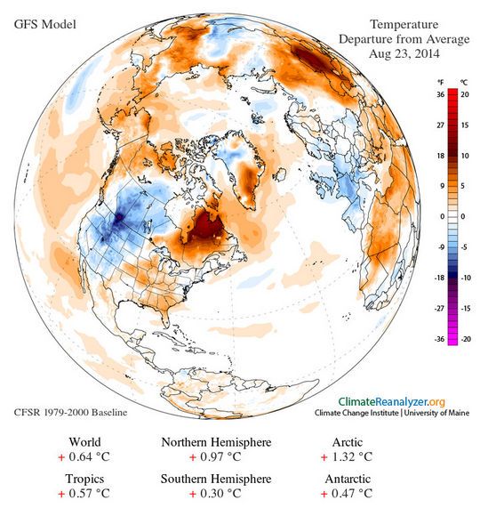 ¿dónde Está El Verano De 2014? Anomalías Térmicas Veraniegas Anomalías de temperaturas en el HN según el modelo del GFS para el 23 de agosto de 2014. Fuente: Climate Reanalyzer