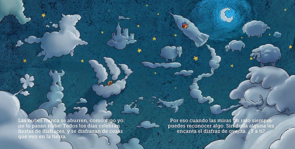 ¿dónde Está Tu Nube? Doble página del libro ¿Dónde está tu nube?El libro es el primer título de la editorial Pastel de luna, que nace con muchas ganas de ayudar a la infancia “a crecer”. Enseñar a los más pequeños a volar, a que sueñen despiertos y que viajen hasta el último confín de la imaginación. El autor del texto, David Fernández, es un escritor madrileño, de profesión veterinario. Quizás por eso, no es raro encontrarnos animales poblando sus cuentos. Aunque a veces la capture con palabras, le gusta dejar volar libre su imaginación. El ilustrador, Santiago Verdugo Alonso, estudió Bellas Artes en Madrid. Actualmente es director de arte y animador en “Sopa de Sobre”. Este libro (“¿Dónde está tu nube?”) es su primer álbum ilustrado. Se lo ha pasado como un niño ilustrándolo, así que espera repetir. Se considera un eterno aprendiz.