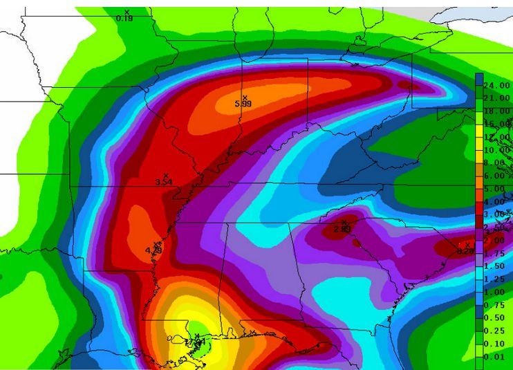 Mapa previsto de precipitación acumulada hasta el 2 de septiembre de 2012 por los modelos numéricos y asociados al ciclón tropical Isaac. Fuente: NOAA