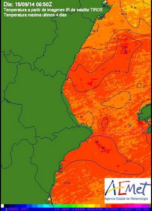 ¿está Cálido El Mediterráneo Occidental? Temperaturas del agua del mar en amplias zonas alrededor de España, arriba, y en el Mediterráneo Occidental, detalle y abajo. Fuente AEMET.