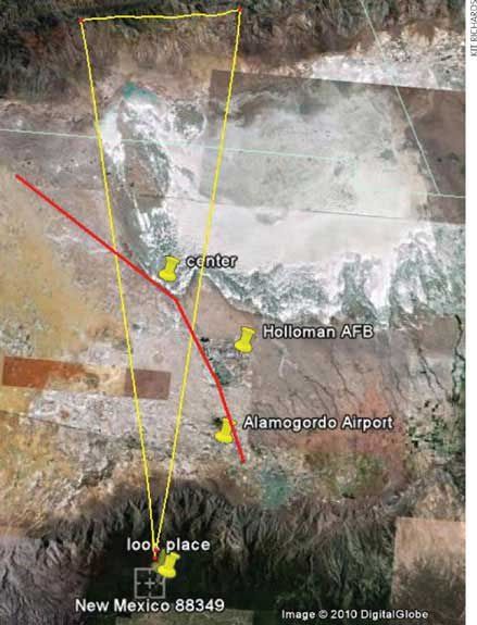 Figura 2. Una imagen de DigitalGlobe con el ángulo de visión de la cámara, de la carretera, y de los sitios marcados con observaciones de superficie. El Monumento Nacional de las Arenas Blancas cae en la parte derecha superior.