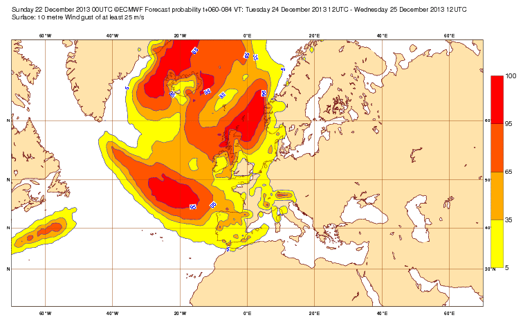 ¿podrá Venir Papá Noel Con Este Temporal? Mapas de probabilidad de que se superen las rachas de 90 km/h para el 24 (arriba) y 25(abajo) de diciembre de 2013. Fuente: CEPMP