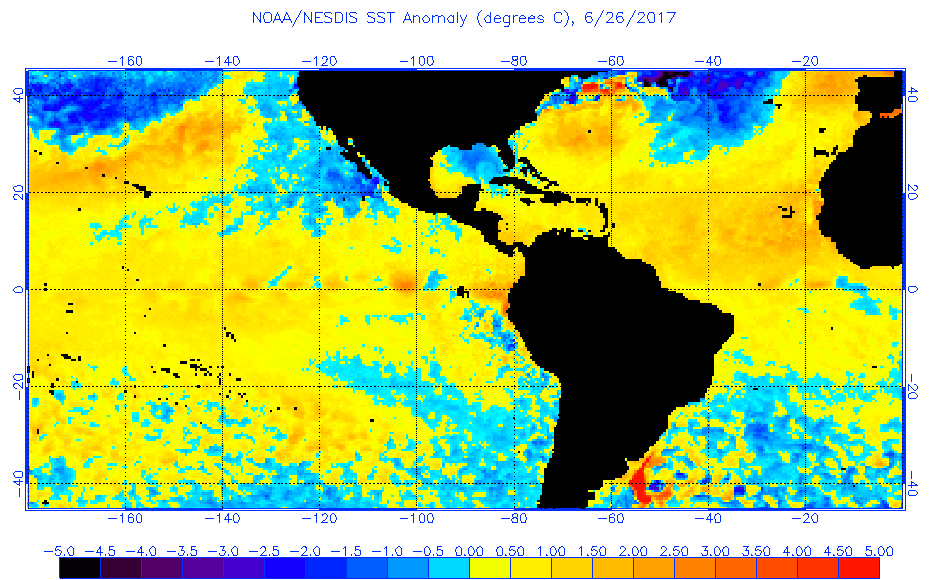 Anomalías de temperatura del agua superficial del mar, SST, a fecha de 26 de junio de 2017. Nótese la elevada anomalía en el MDR.