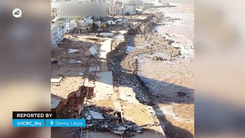 Schreckliche Bilder verursacht durch den Vorbeizug des Zyklons Daniel in Derna, Libyen.