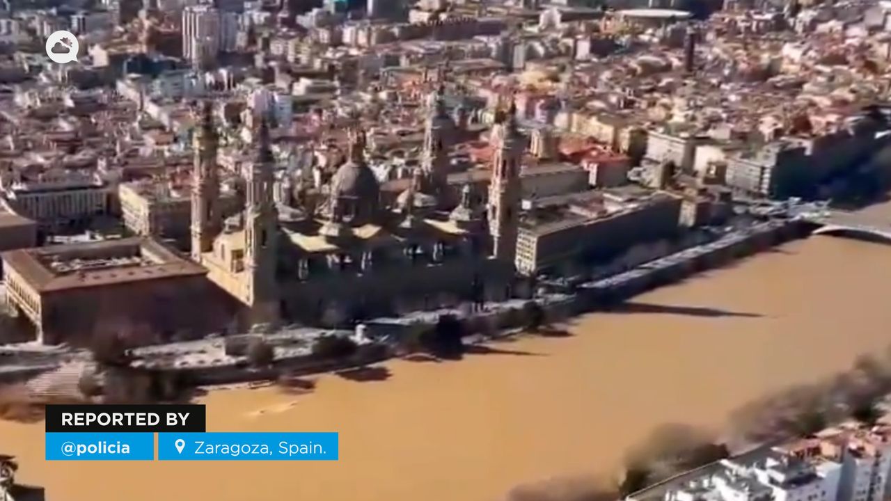 Impressive flooding of the Ebro river in Zaragoza, Spain