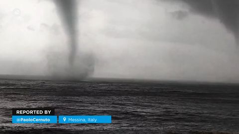 Increíbles trombas marinas en el estrecho de Mesina, Italia