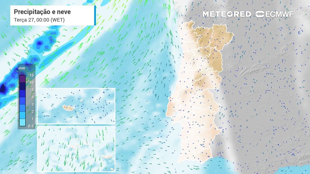 Frente fria chega domingo aos Açores: chuva intensifica-se no Grupo Ocidental a partir das 20h